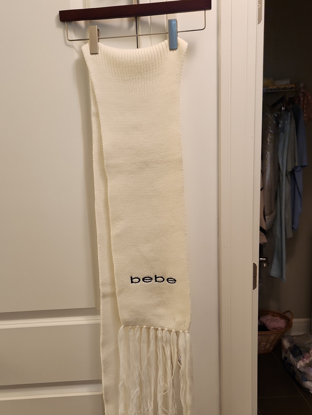 NWT bebe Ivory Knit Fringe Scarf with Logo